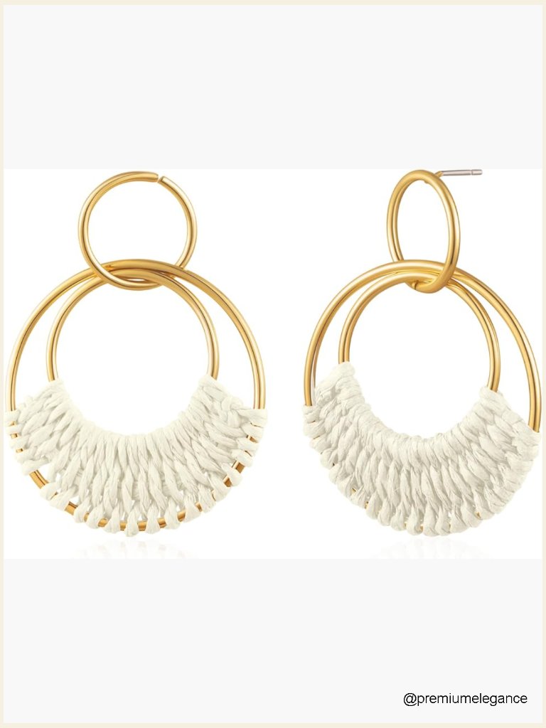 Boho Raffia Wrapped Round Circle Dangle Earrings Straw Handmade Statement